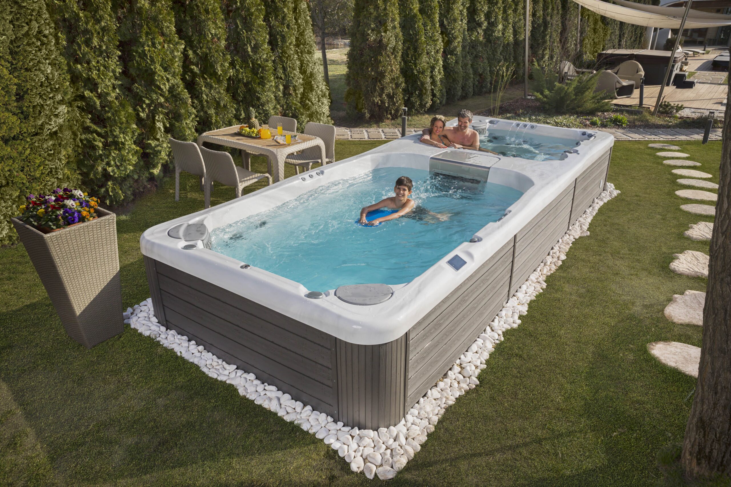 Large swim spa and hot tub